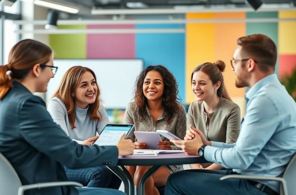 Profissionais de marketing colaborando sobre estratégias de conteúdo.