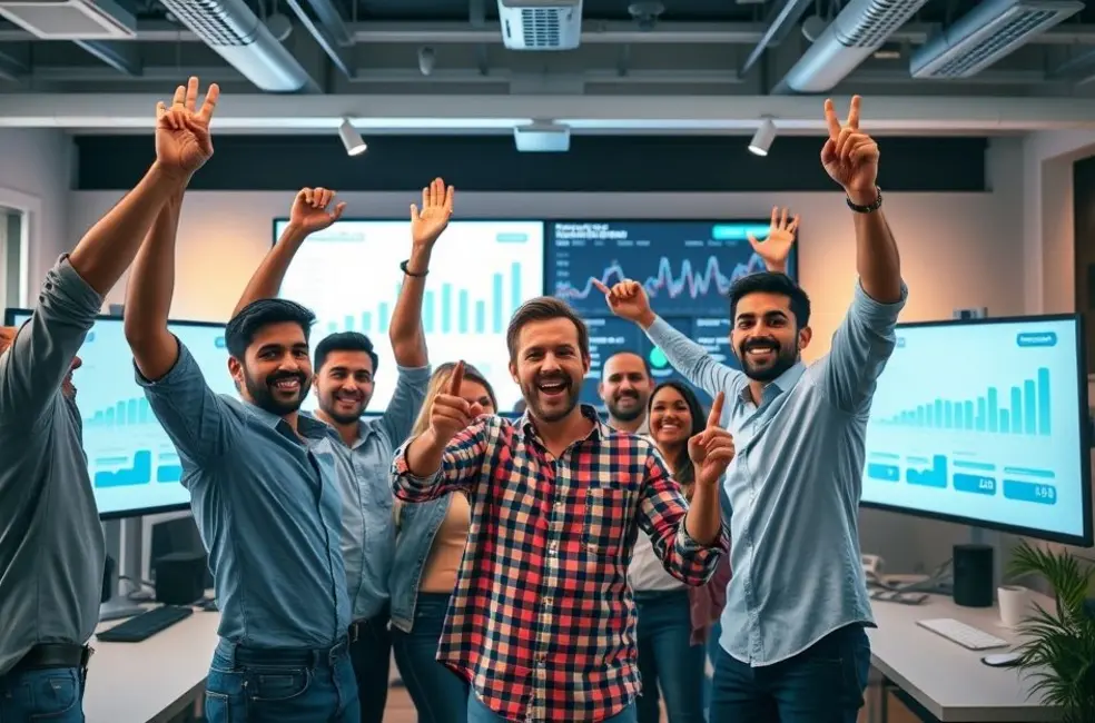 Empreendedores e profissionais de marketing comemorando o sucesso com tráfego qualificado.